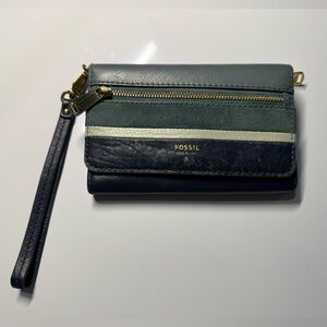 Fossil Green Blue Snap Wallet/Clutch Genuine Leather With Removable Strap